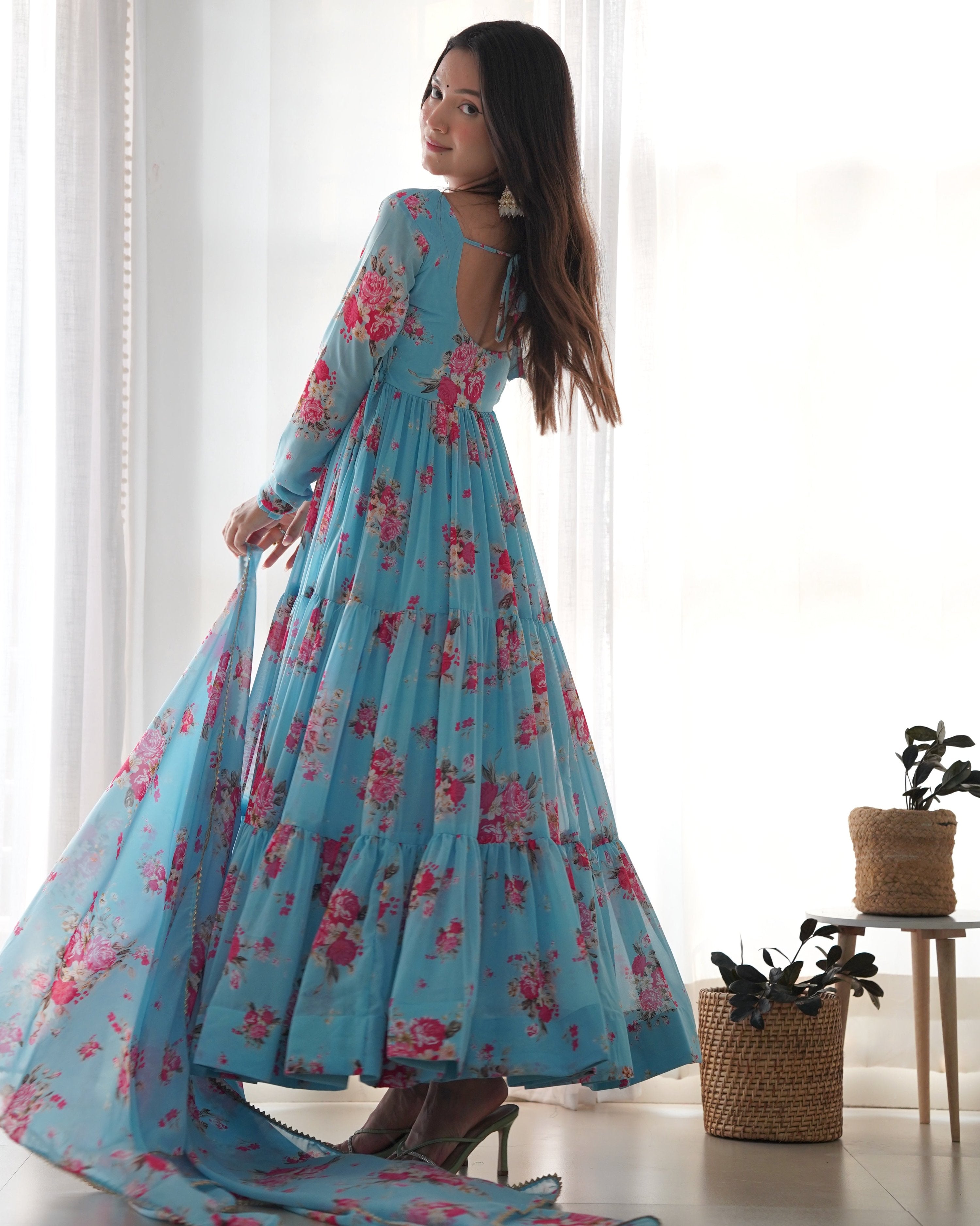 Teeya Creation Multicolor Digital Print Faux Georgette Anarkali With Pants And Dupatta