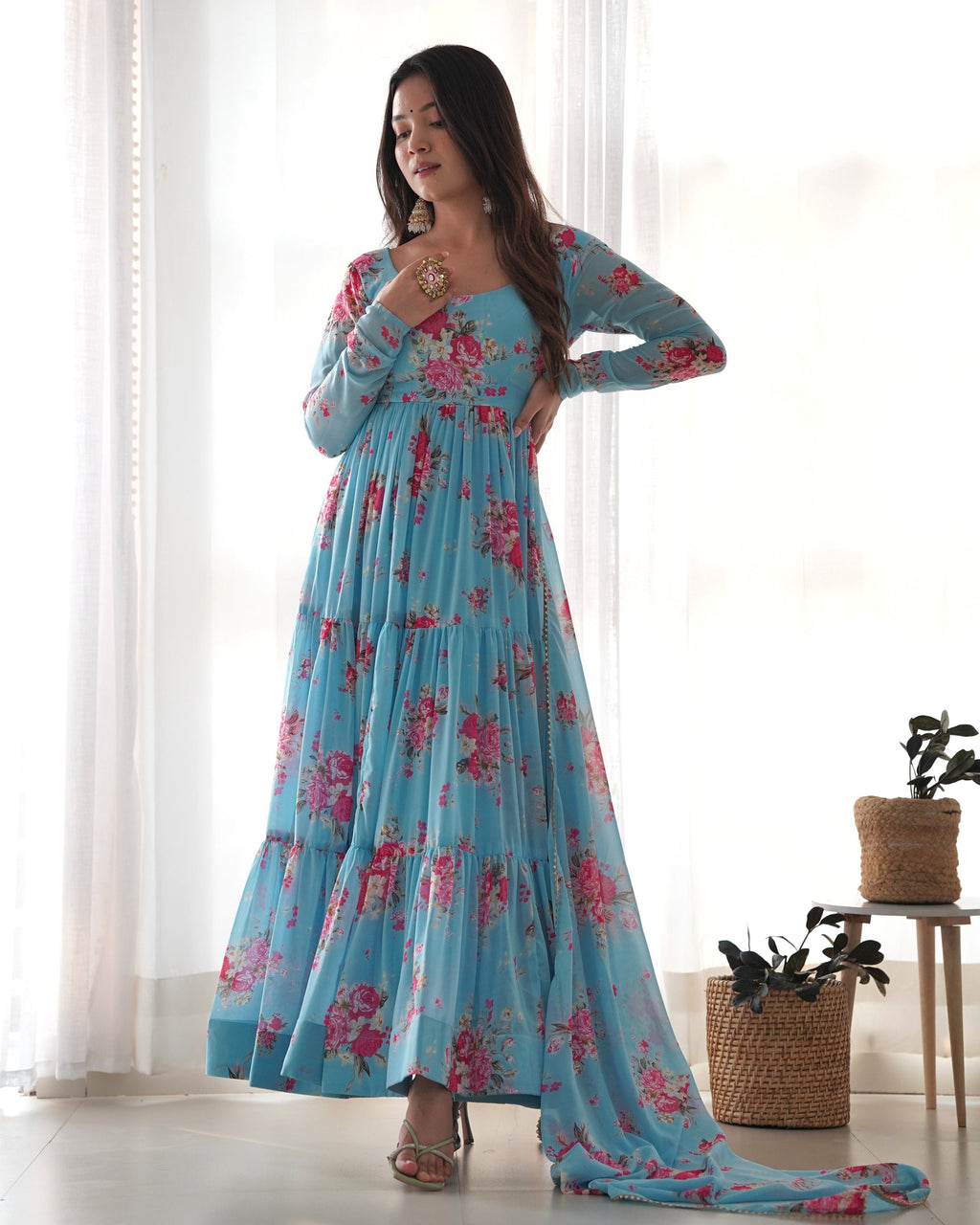 Teeya Creation Multicolor Digital Print Faux Georgette Anarkali With Pants And Dupatta
