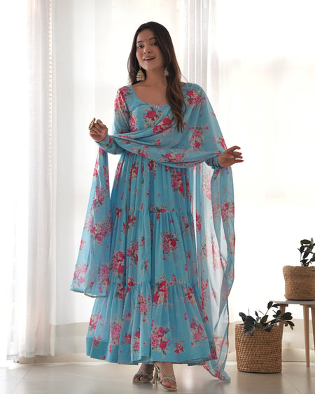 Teeya Creation Multicolor Digital Print Faux Georgette Anarkali With Pants And Dupatta