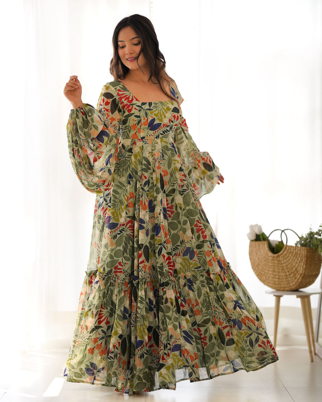 Teeya Creation Sky Blue Color Digital Print Faux Georgette Anarkali Maxi
