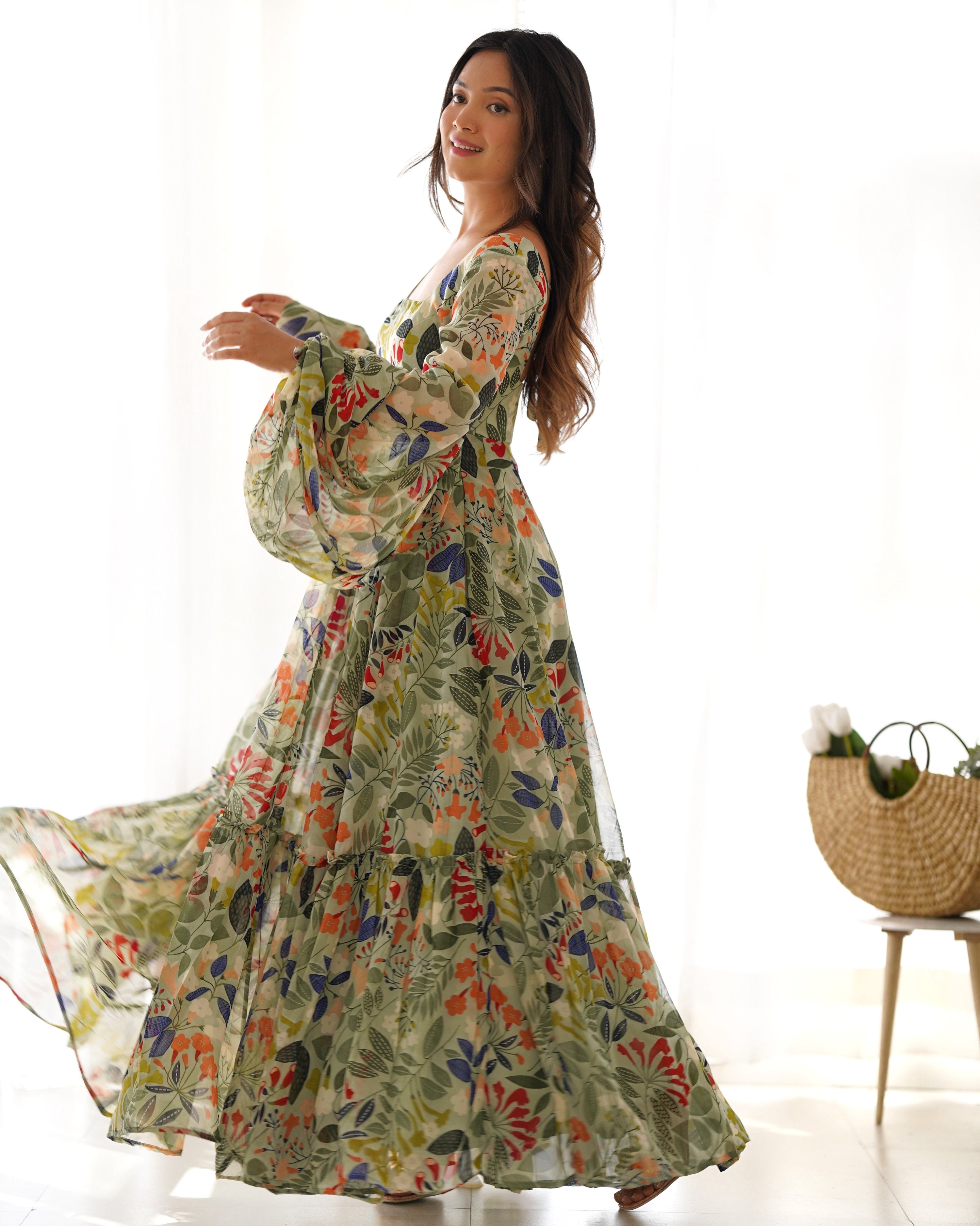 Teeya Creation Sky Blue Color Digital Print Faux Georgette Anarkali Maxi