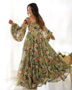 Teeya Creation Sky Blue Color Digital Print Faux Georgette Anarkali Maxi