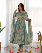 Teeya Creation Multicolor Digital Print Soft organza Anarkali With Pants And Dupatta