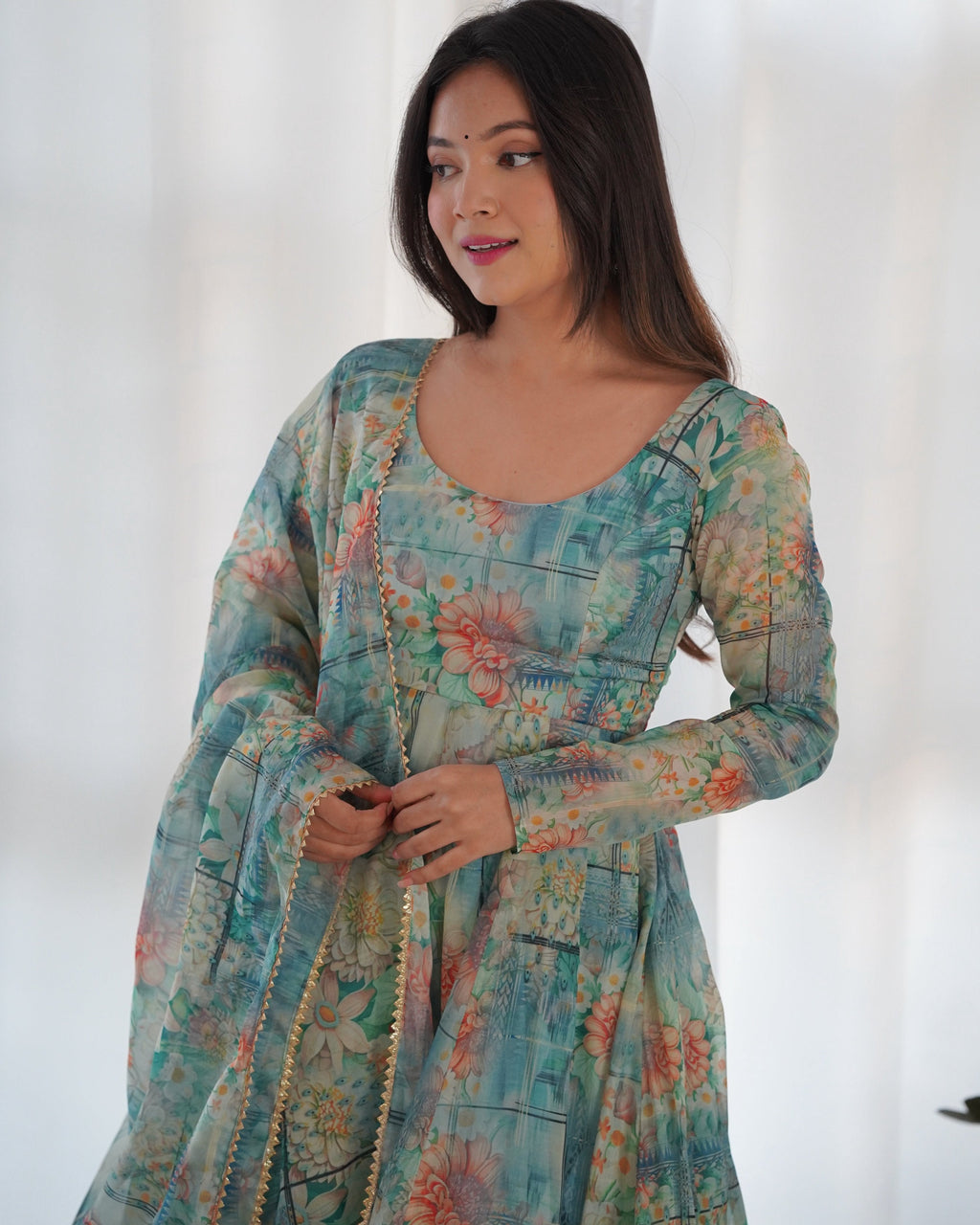 Teeya Creation Multicolor Digital Print Soft organza Anarkali With Pants And Dupatta