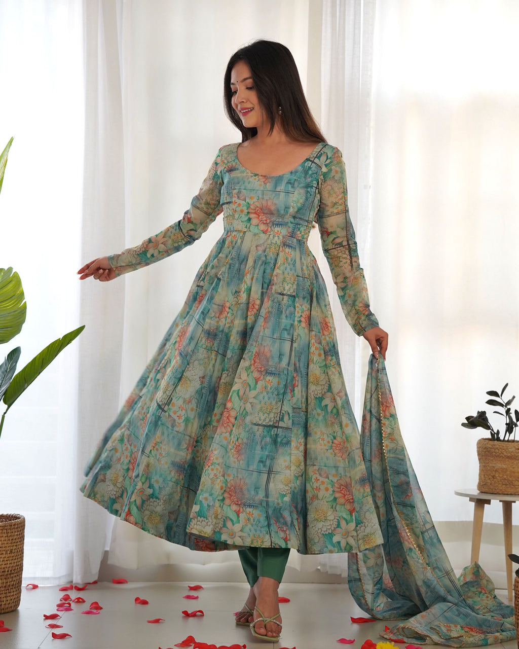 Teeya Creation Multicolor Digital Print Soft organza Anarkali With Pants And Dupatta