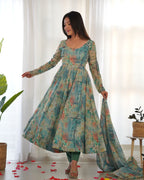 Teeya Creation Multicolor Digital Print Soft organza Anarkali With Pants And Dupatta