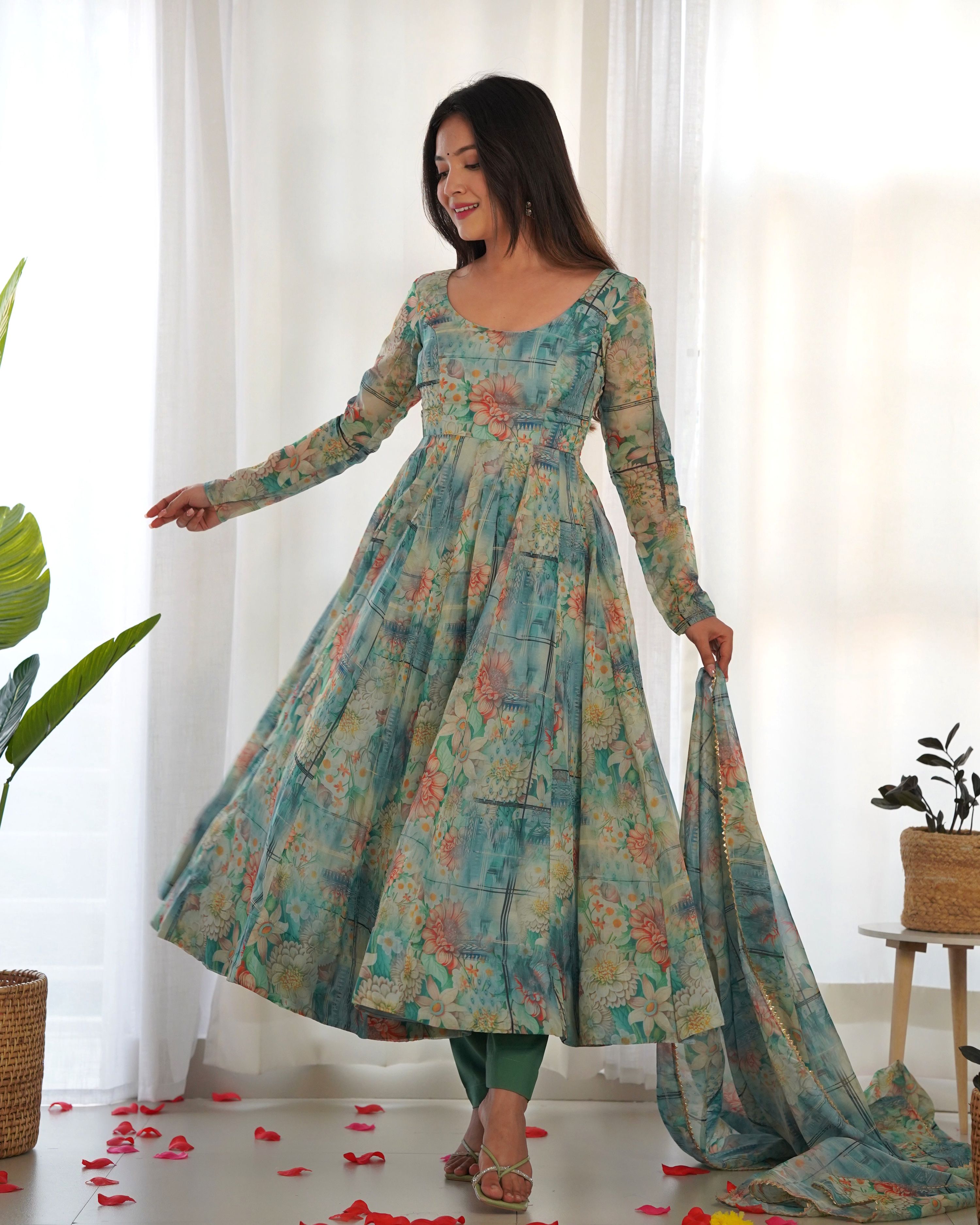 Teeya Creation Multicolor Digital Print Soft organza Anarkali With Pants And Dupatta