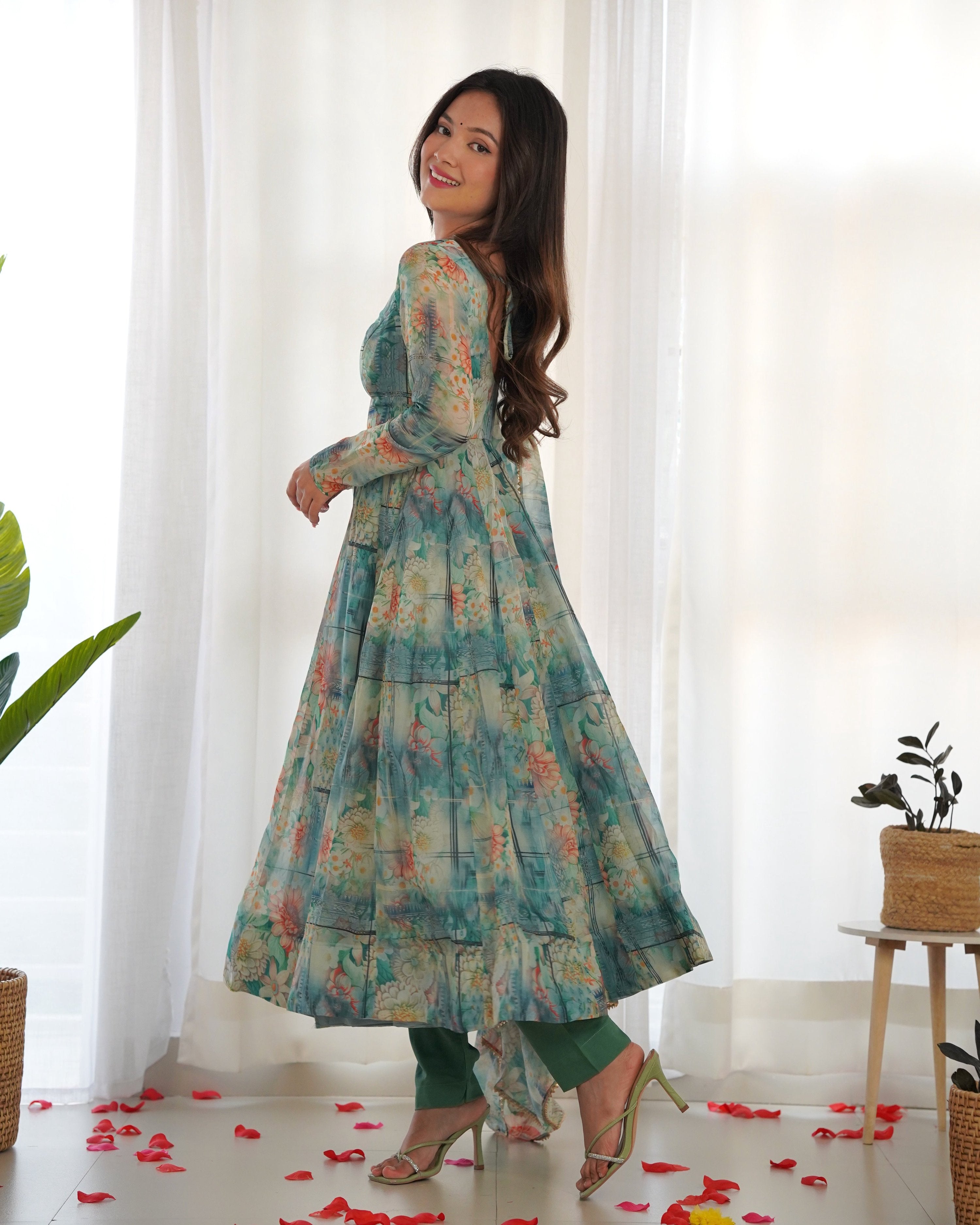 Teeya Creation Multicolor Digital Print Soft organza Anarkali With Pants And Dupatta