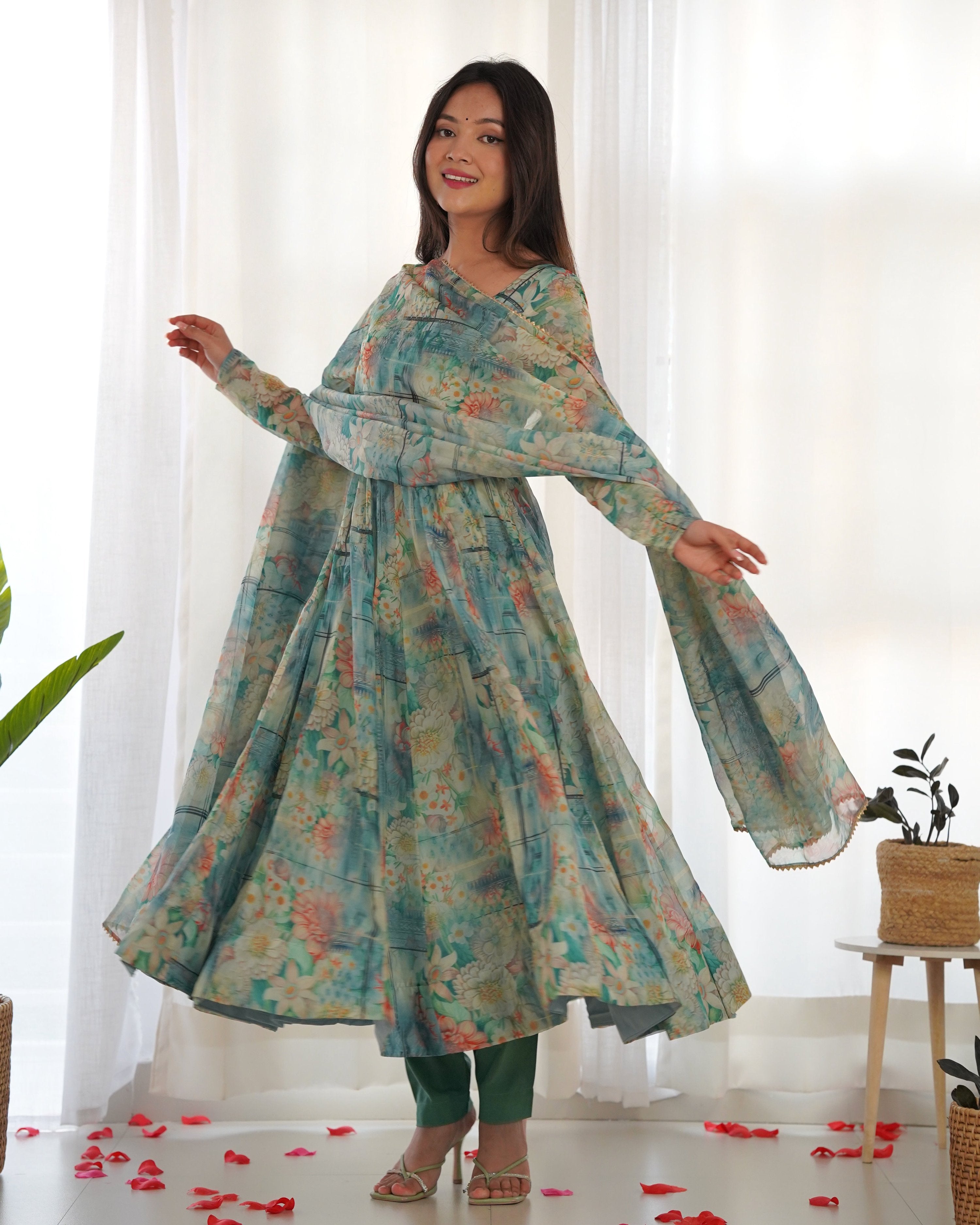 Teeya Creation Multicolor Digital Print Soft organza Anarkali With Pants And Dupatta