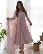 Teeya Creation Pink Color Digital Print Organza Chiffon Anarkali With Pants And Dupatta