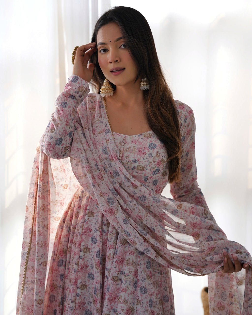 Teeya Creation Pink Color Digital Print Organza Chiffon Anarkali With Pants And Dupatta