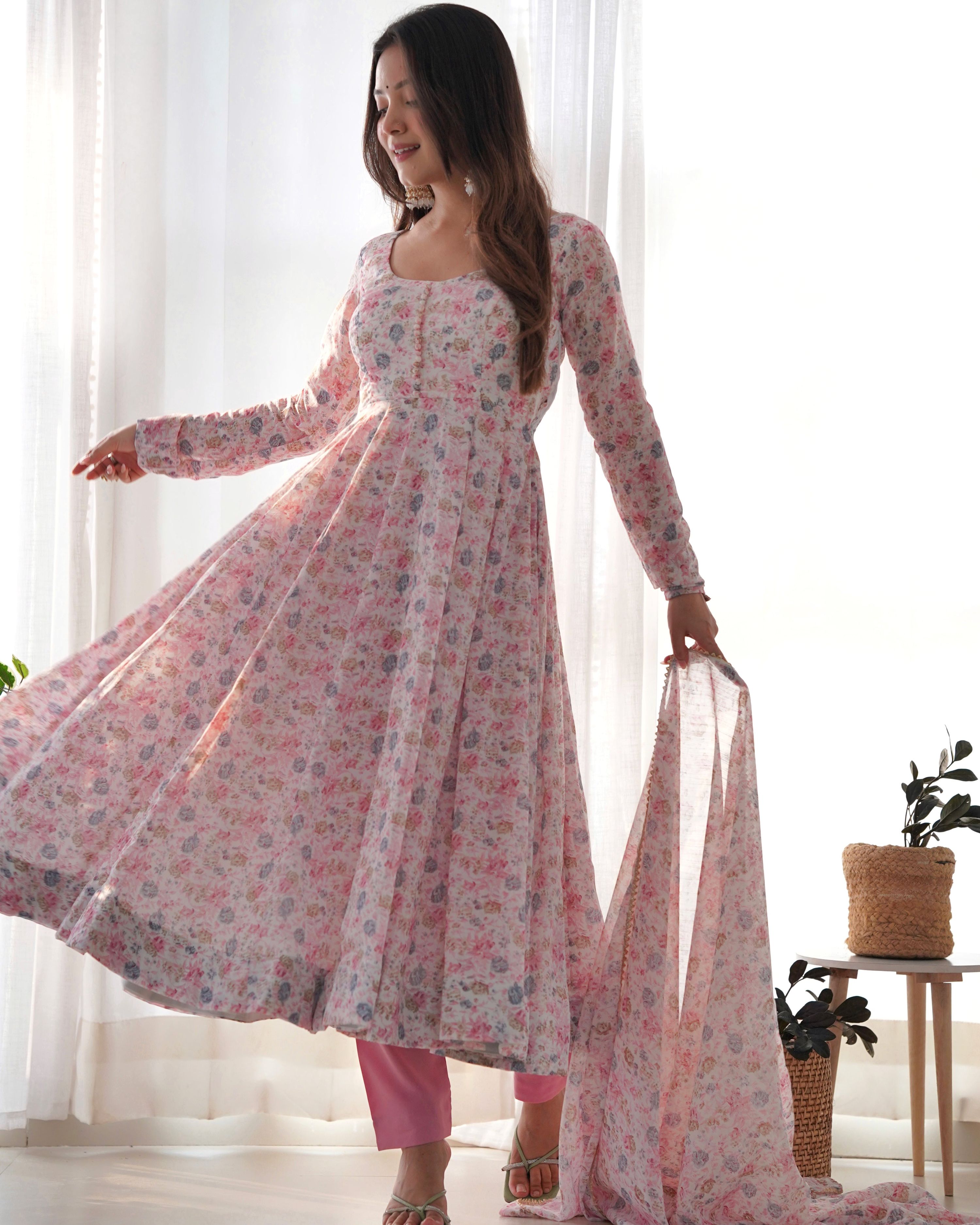 Teeya Creation Pink Color Digital Print Organza Chiffon Anarkali With Pants And Dupatta