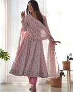 Teeya Creation Pink Color Digital Print Organza Chiffon Anarkali With Pants And Dupatta