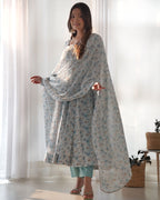 Teeya Creation Sky Color Digital Print Organza Chiffon Anarkali With Pants And Dupatta