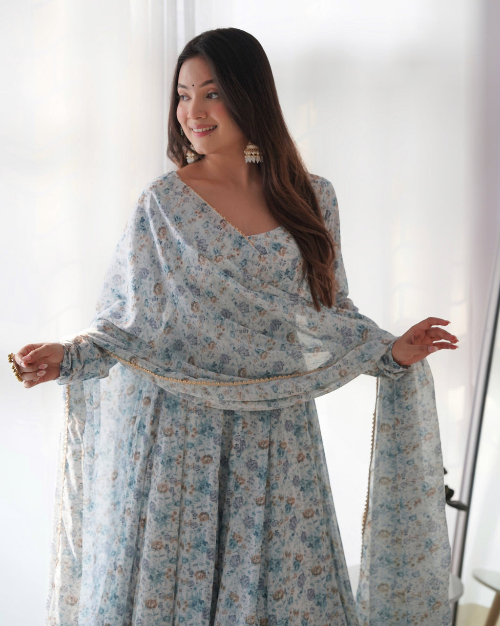 Teeya Creation Sky Color Digital Print Organza Chiffon Anarkali With Pants And Dupatta
