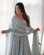 Teeya Creation Sky Color Digital Print Organza Chiffon Anarkali With Pants And Dupatta