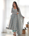 Teeya Creation Sky Color Digital Print Organza Chiffon Anarkali With Pants And Dupatta