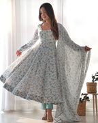 Teeya Creation Sky Color Digital Print Organza Chiffon Anarkali With Pants And Dupatta