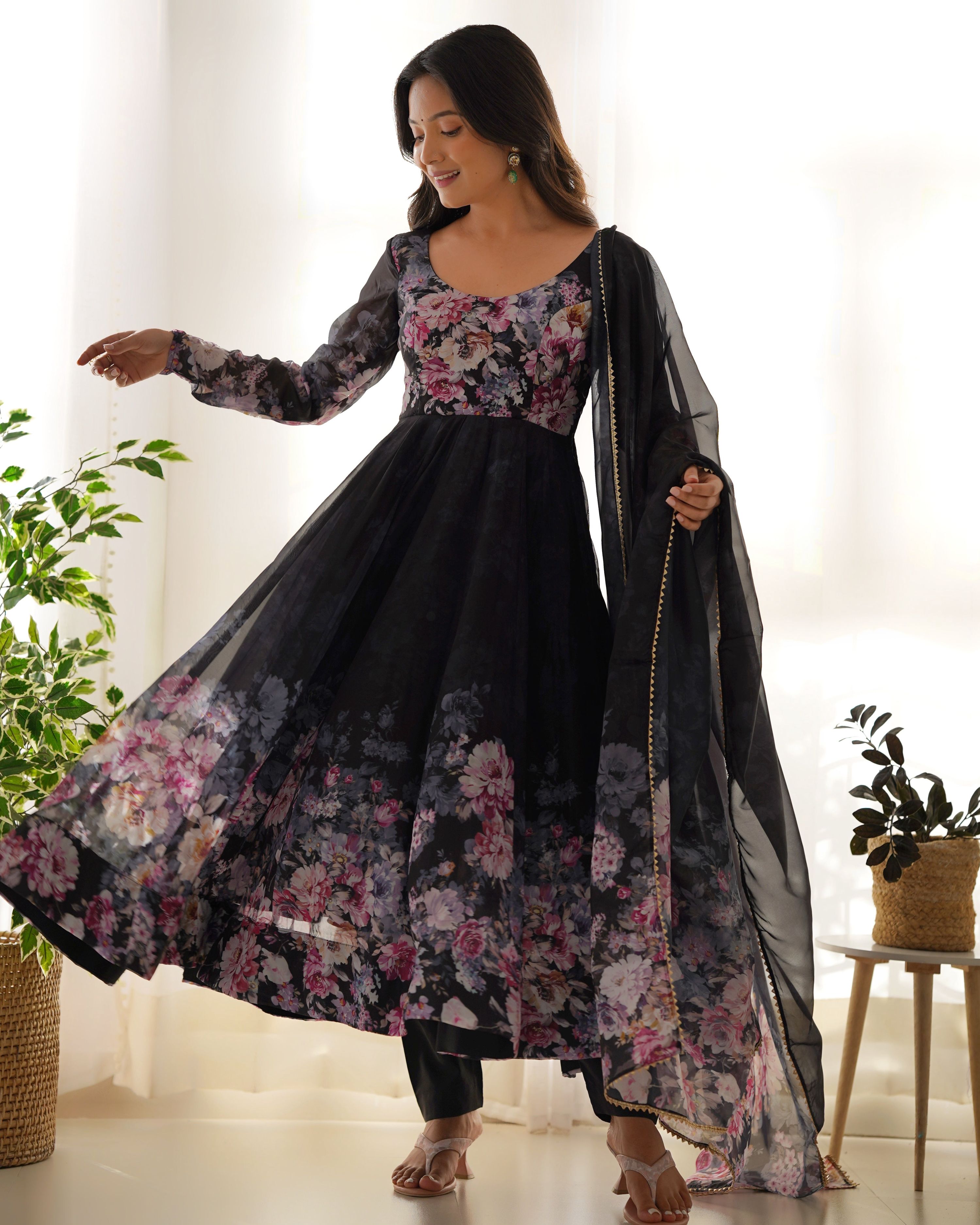 Teeya Creation Black Color Digital Print Soft organza Anarkali With Pants And Dupatta
