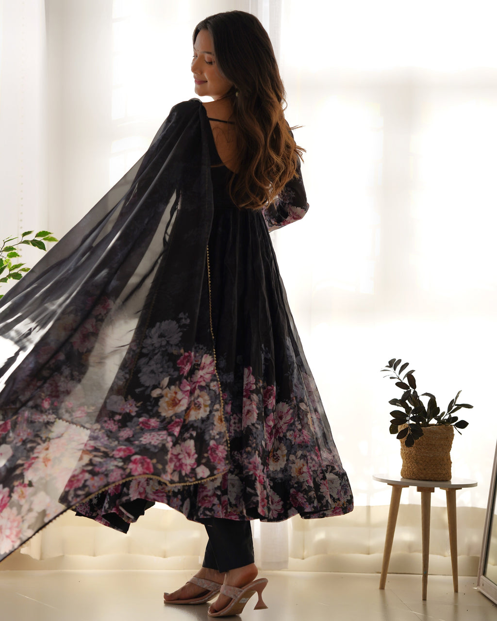 Teeya Creation Black Color Digital Print Soft organza Anarkali With Pants And Dupatta