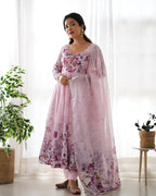 Teeya Creation Pink Color Digital Print Soft organza Anarkali With Pants And Dupatta