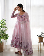 Teeya Creation Pink Color Digital Print Soft organza Anarkali With Pants And Dupatta