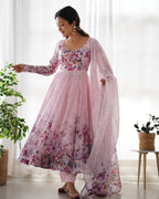 Teeya Creation Pink Color Digital Print Soft organza Anarkali With Pants And Dupatta