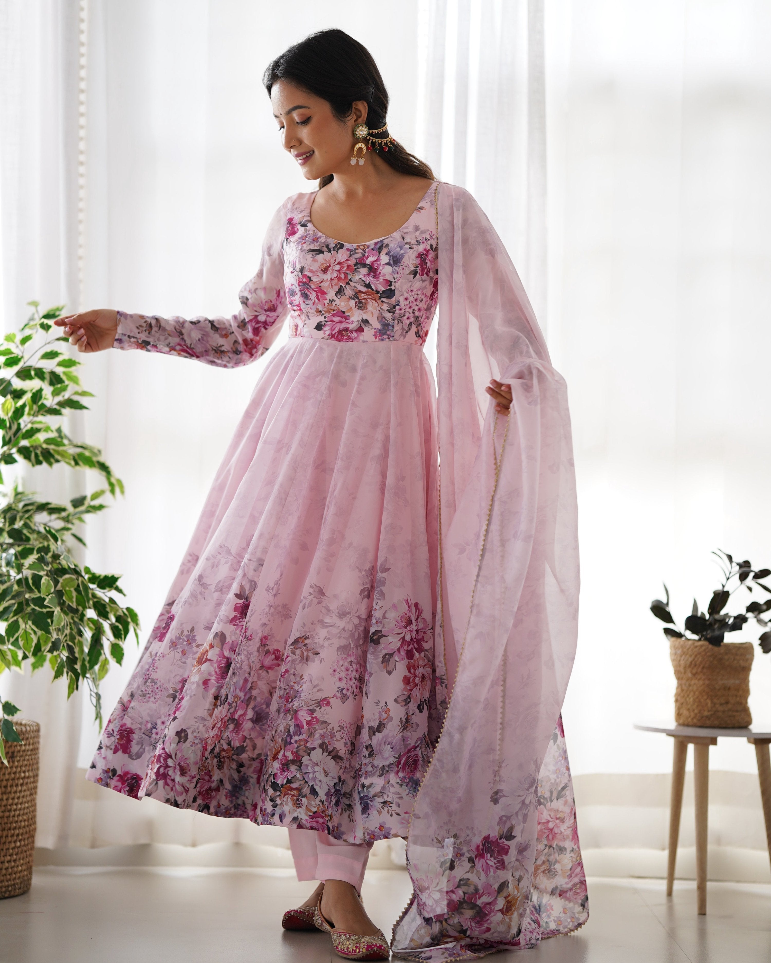 Teeya Creation Pink Color Digital Print Soft organza Anarkali With Pants And Dupatta