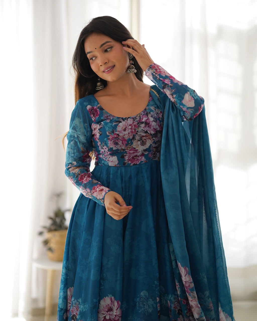 Teeya Creation Rama Color Digital Print Soft organza Anarkali With Pants And Dupatta