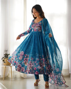 Teeya Creation Rama Color Digital Print Soft organza Anarkali With Pants And Dupatta