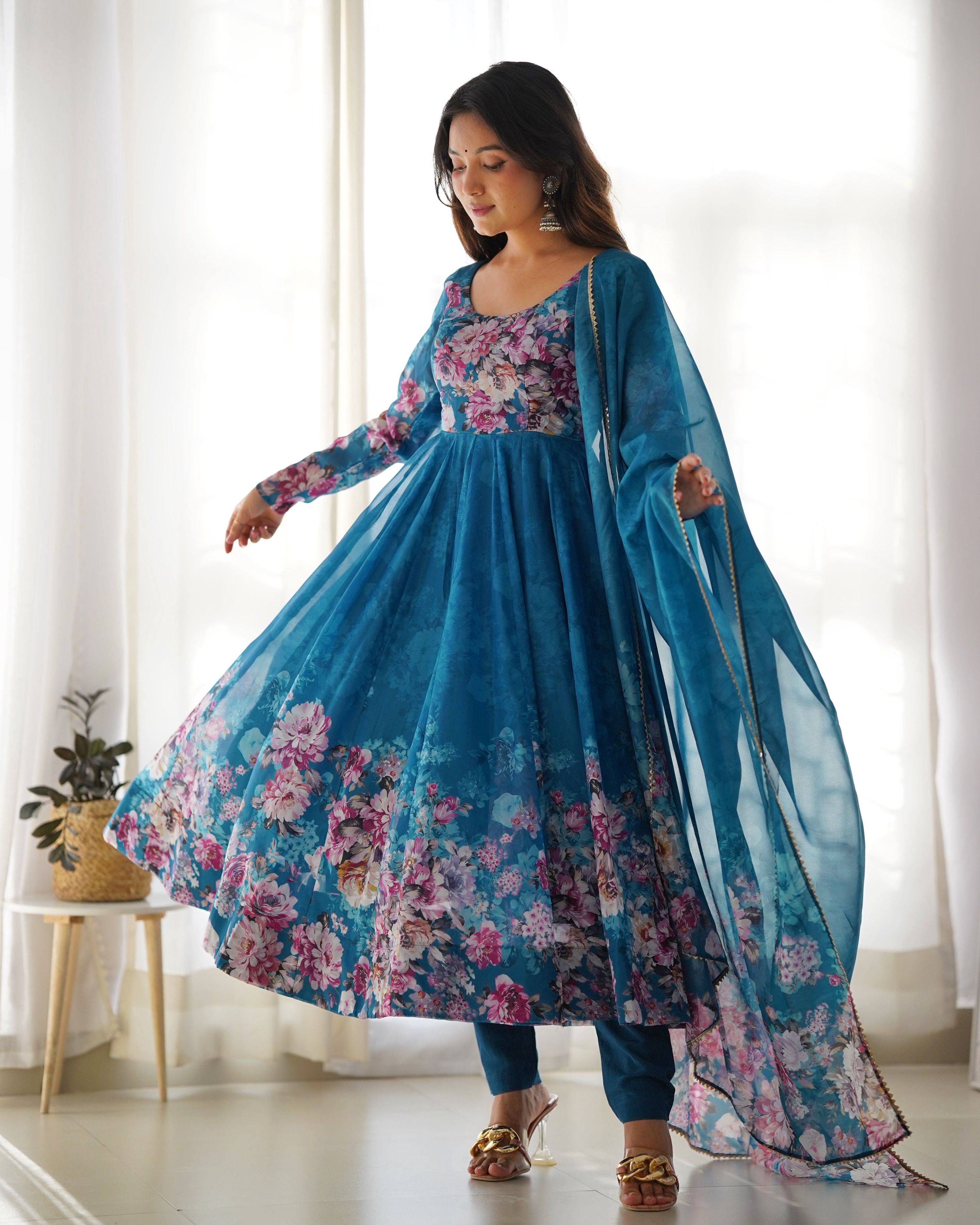 Teeya Creation Rama Color Digital Print Soft organza Anarkali With Pants And Dupatta