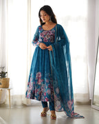 Teeya Creation Rama Color Digital Print Soft organza Anarkali With Pants And Dupatta