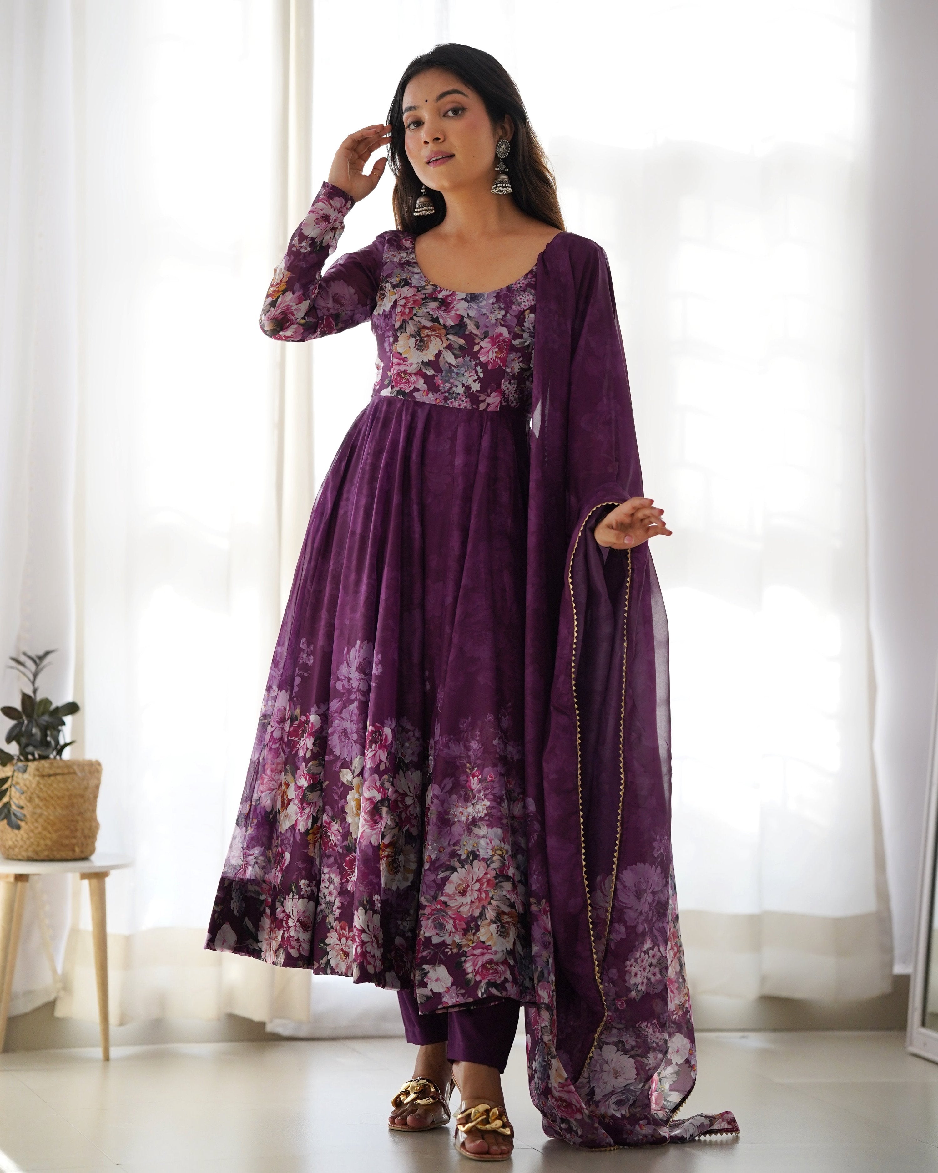 Teeya Creation Wine Color Digital Print Soft organza Anarkali With Pants And Dupatta