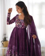 Teeya Creation Wine Color Digital Print Soft organza Anarkali With Pants And Dupatta