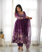 Teeya Creation Wine Color Digital Print Soft organza Anarkali With Pants And Dupatta