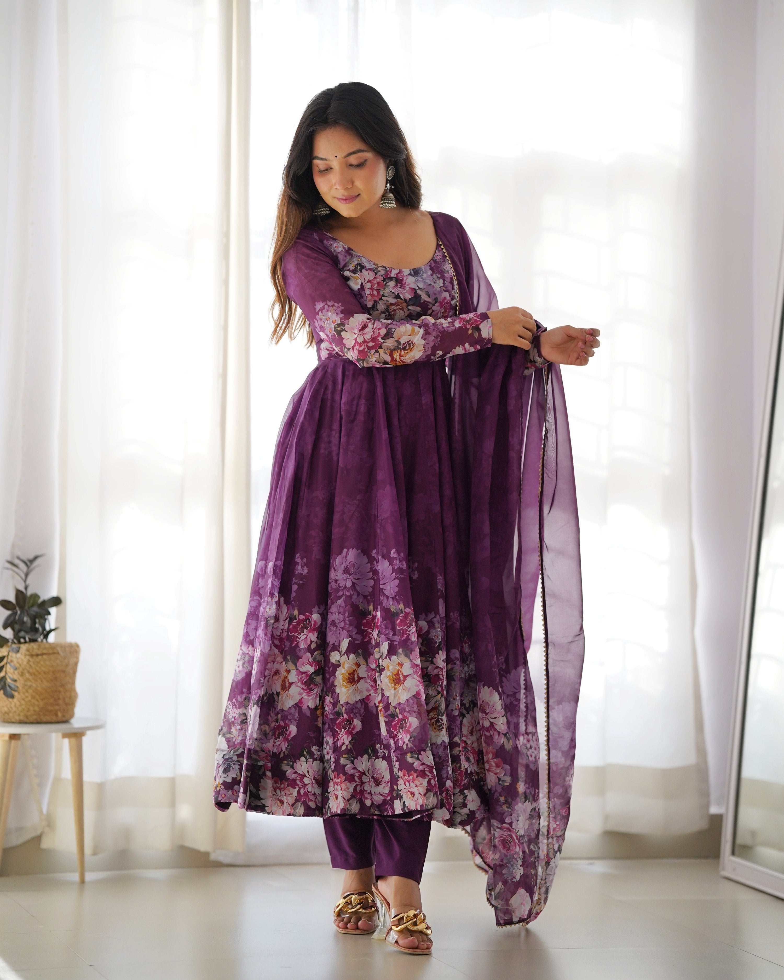 Teeya Creation Wine Color Digital Print Soft organza Anarkali With Pants And Dupatta