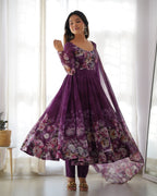 Teeya Creation Wine Color Digital Print Soft organza Anarkali With Pants And Dupatta