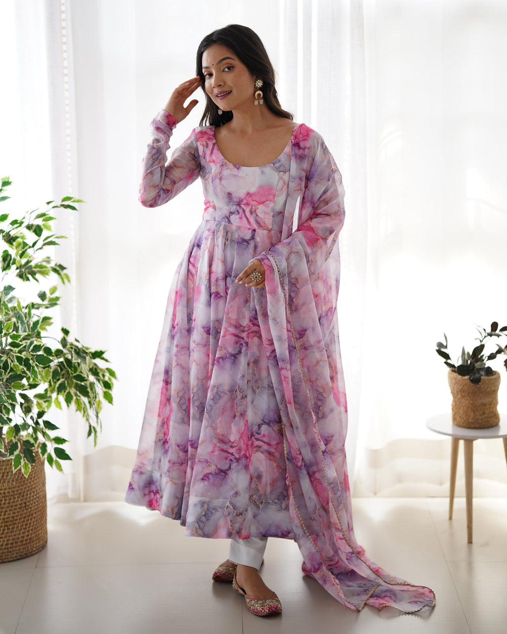 Teeya Creation Multicolor Digital Print Soft organza Anarkali With Pants And Dupatta