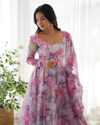Teeya Creation Multicolor Digital Print Soft organza Anarkali With Pants And Dupatta