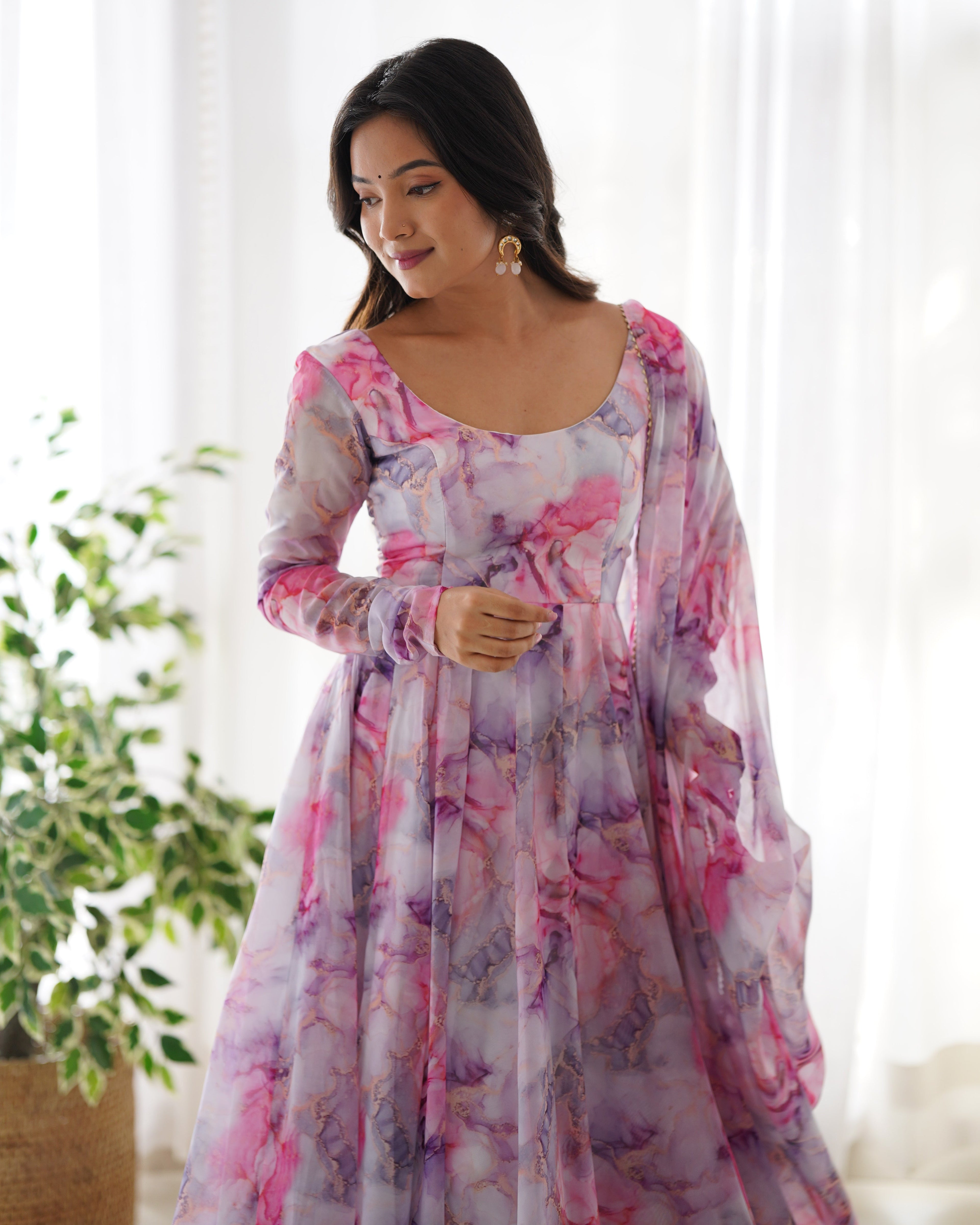 Teeya Creation Multicolor Digital Print Soft organza Anarkali With Pants And Dupatta