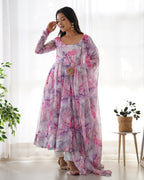 Teeya Creation Multicolor Digital Print Soft organza Anarkali With Pants And Dupatta