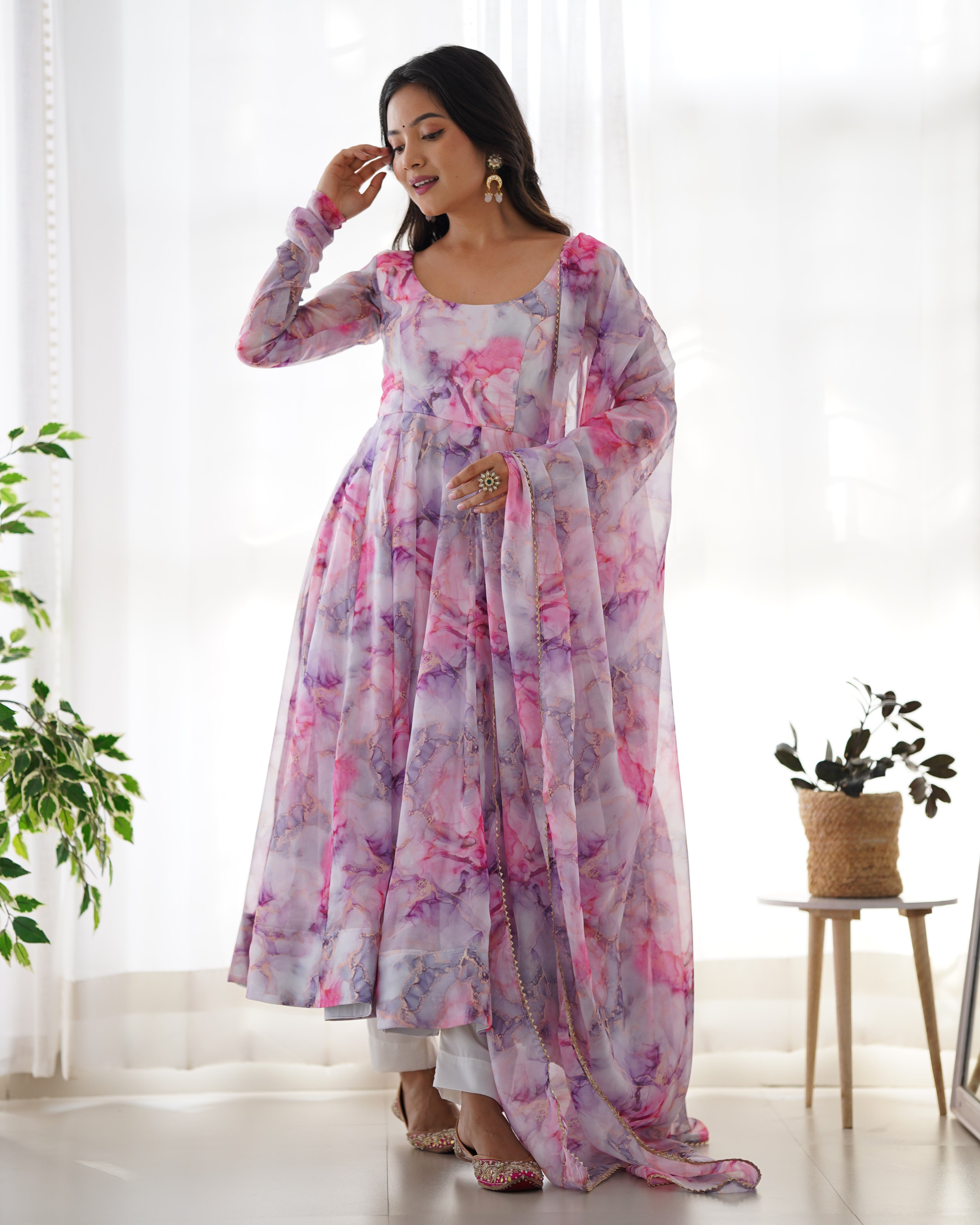 Teeya Creation Multicolor Digital Print Soft organza Anarkali With Pants And Dupatta