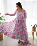 Teeya Creation Multicolor Digital Print Soft organza Anarkali With Pants And Dupatta
