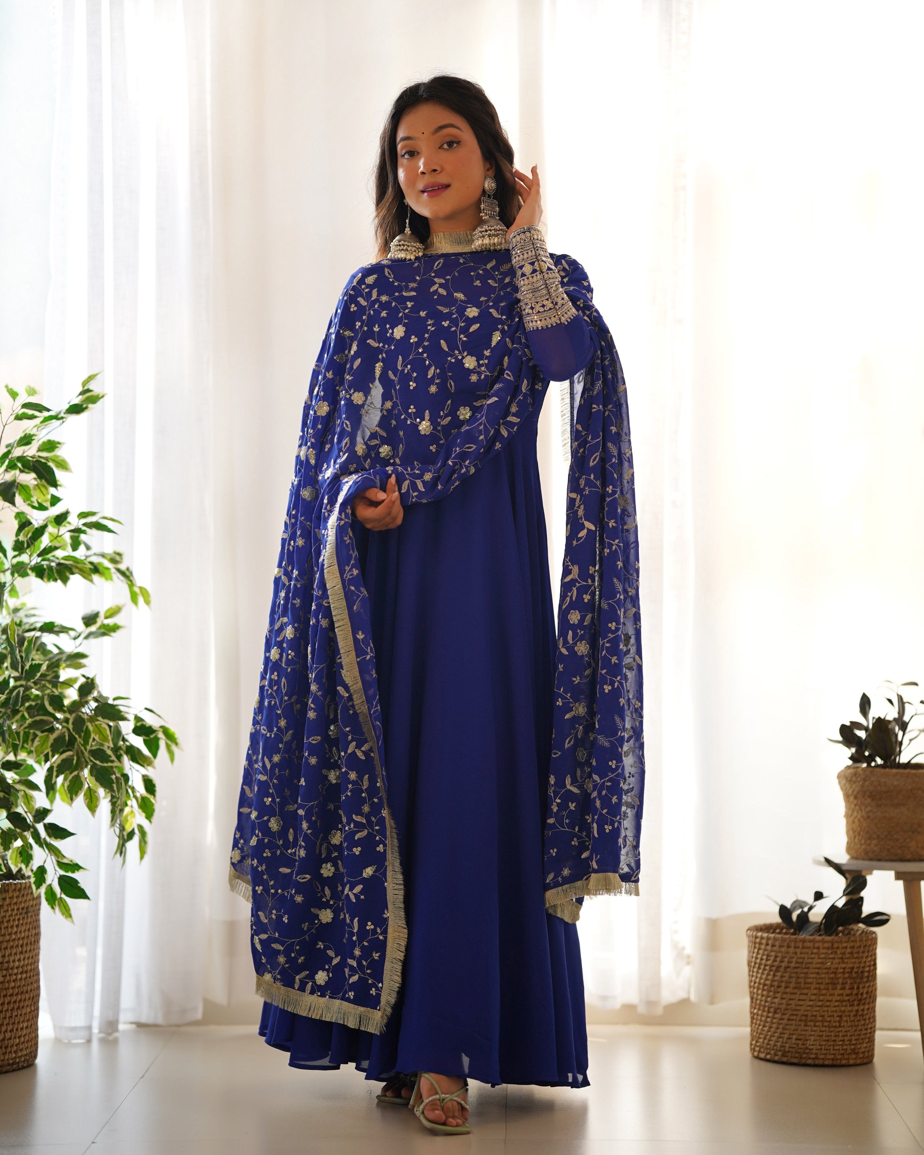 Teeya Creation Black Color Party Wear Faux Georgette Anarkali Gown With Pants And Dupatta