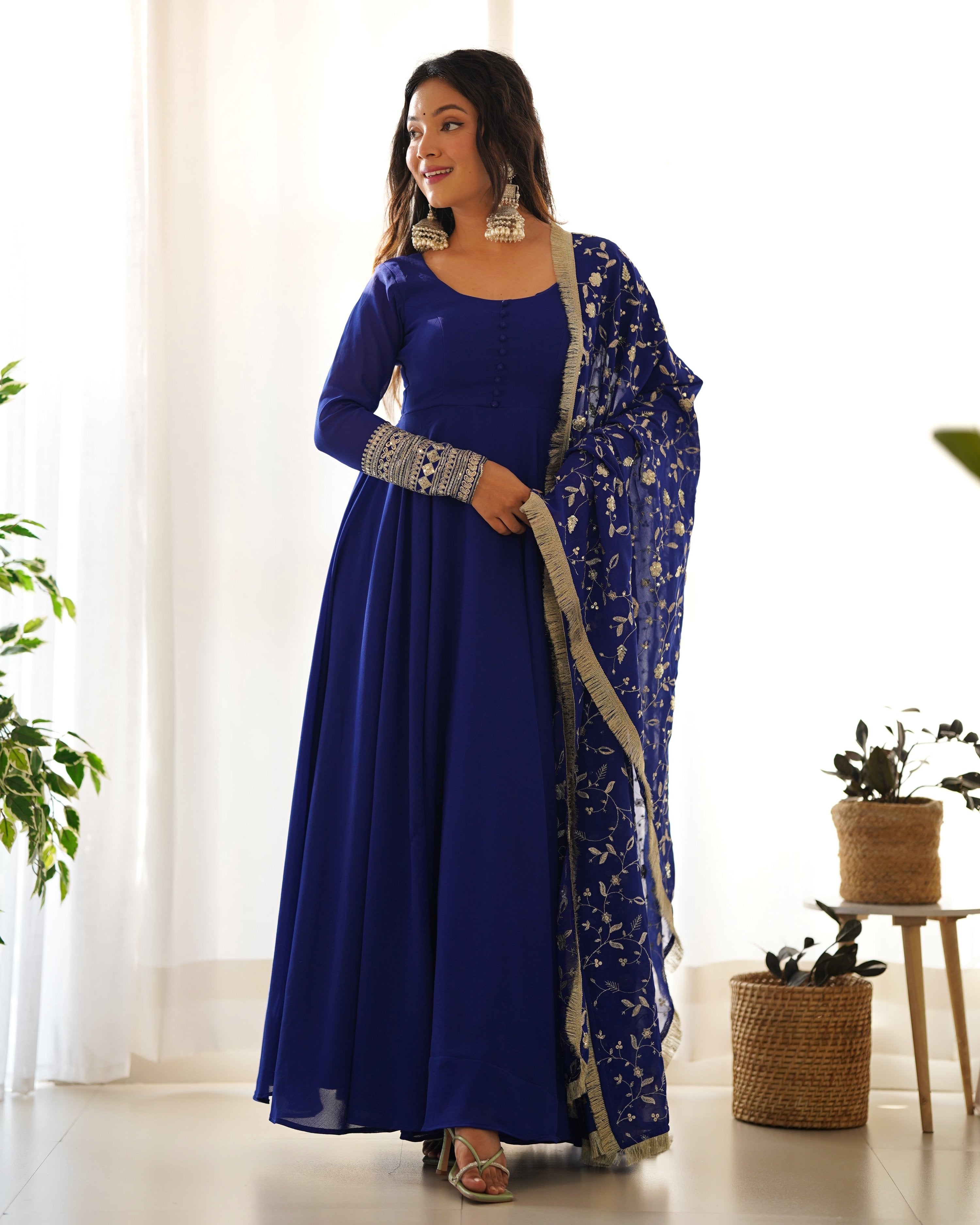 Teeya Creation Black Color Party Wear Faux Georgette Anarkali Gown With Pants And Dupatta