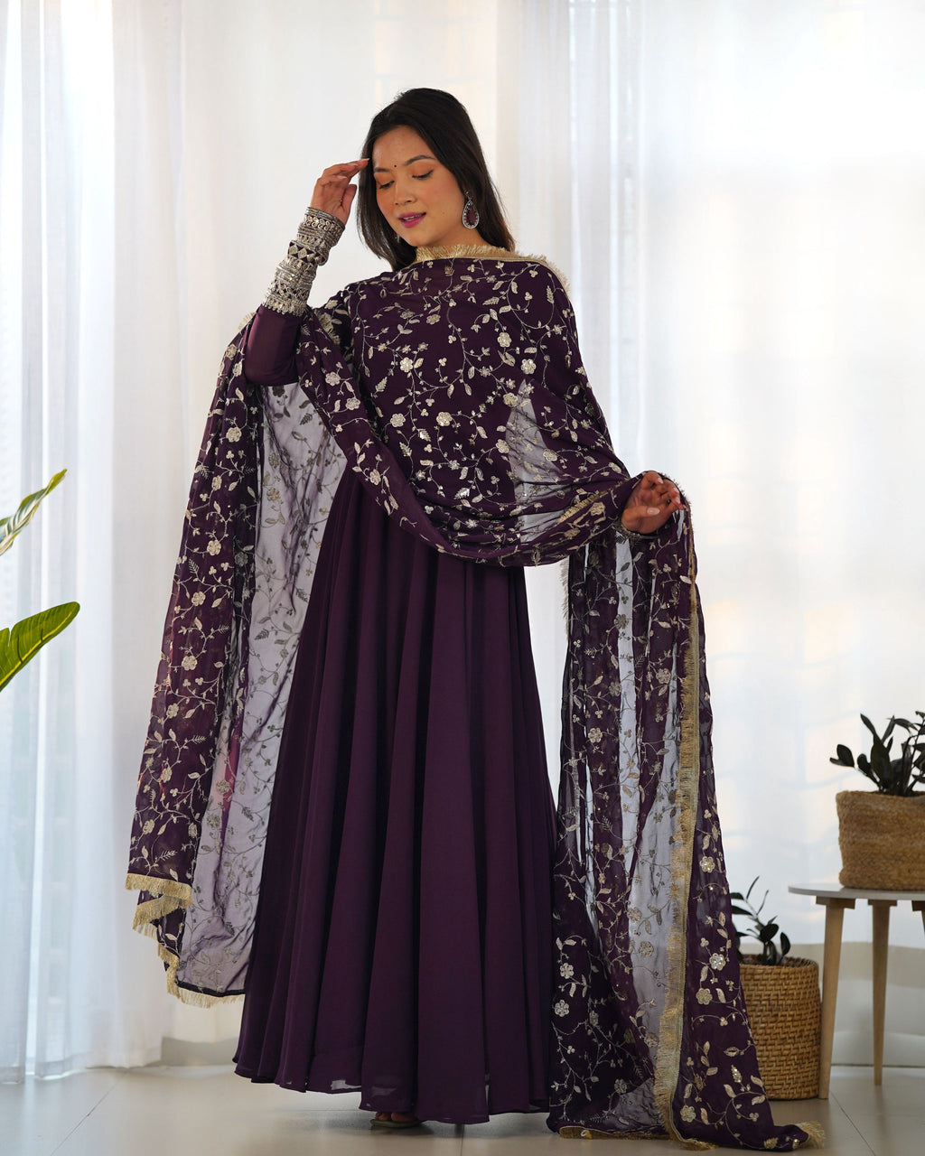 Teeya Creation Black Color Party Wear Faux Georgette Anarkali Gown With Pants And Dupatta