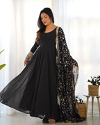 Teeya Creation Black Color Party Wear Faux Georgette Anarkali Gown With Pants And Dupatta