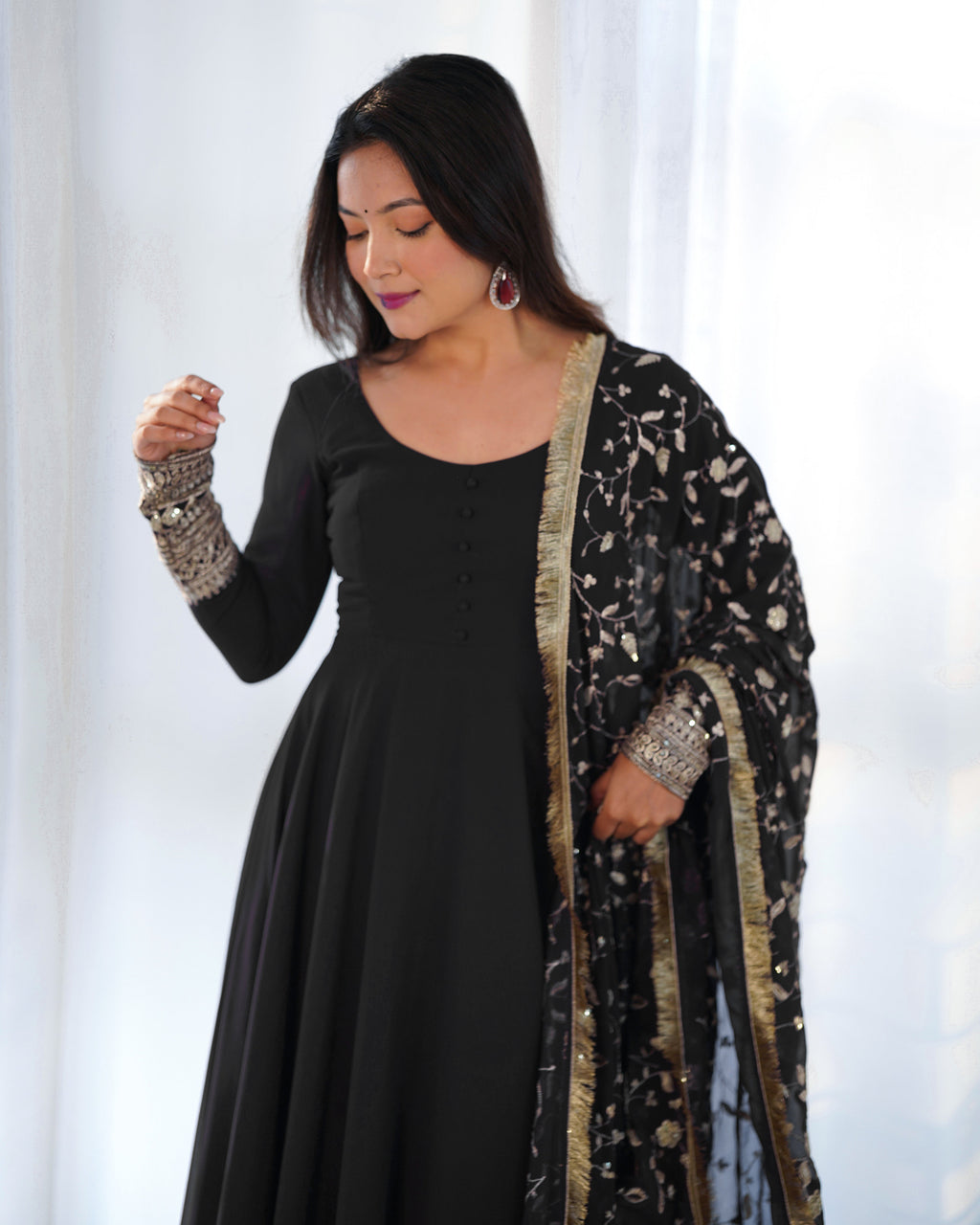 Teeya Creation Black Color Party Wear Faux Georgette Anarkali Gown With Pants And Dupatta
