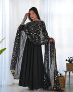Teeya Creation Black Color Party Wear Faux Georgette Anarkali Gown With Pants And Dupatta