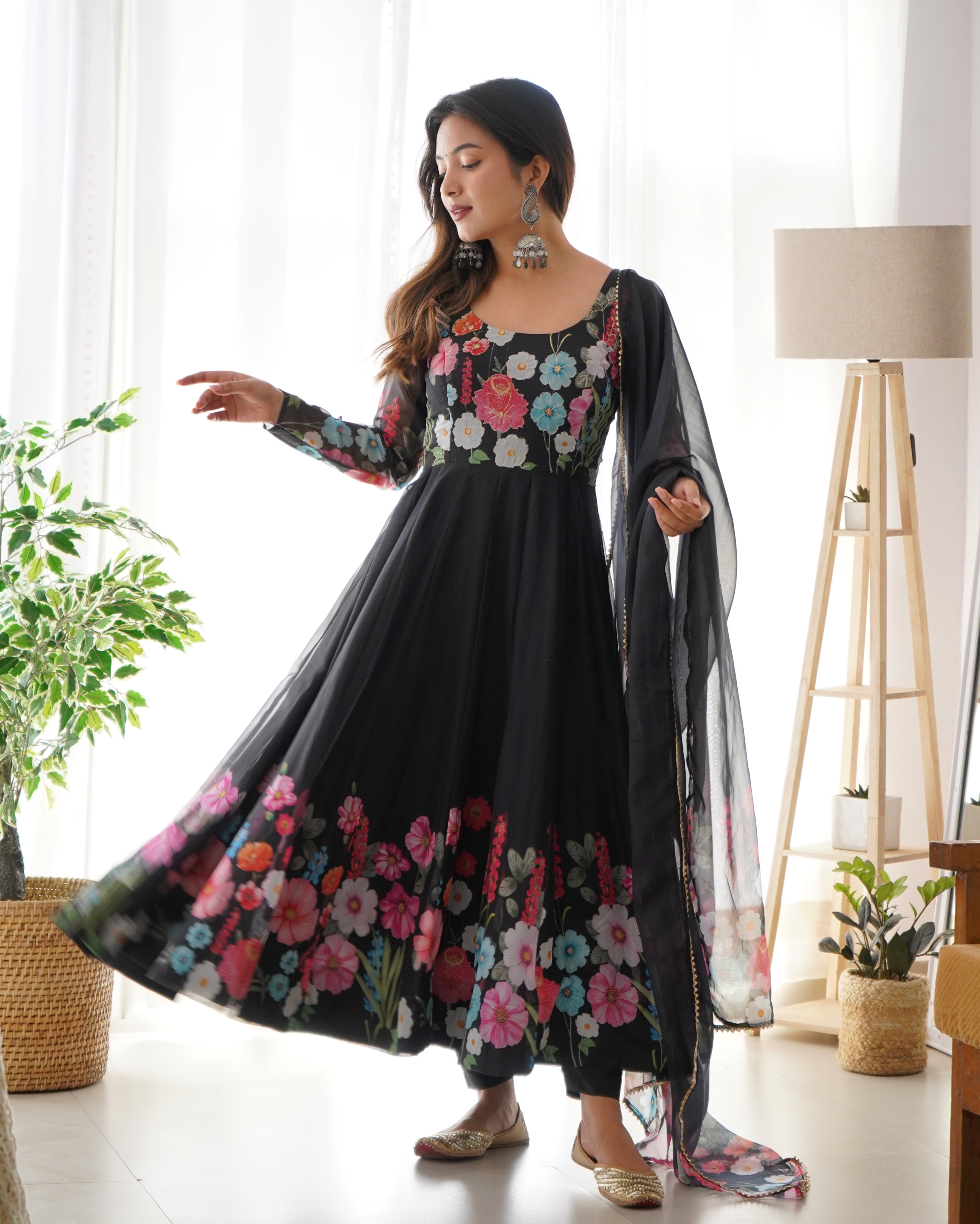 Teeya Creation Black Color Digital Print Soft organza Anarkali With Pants And Dupatta